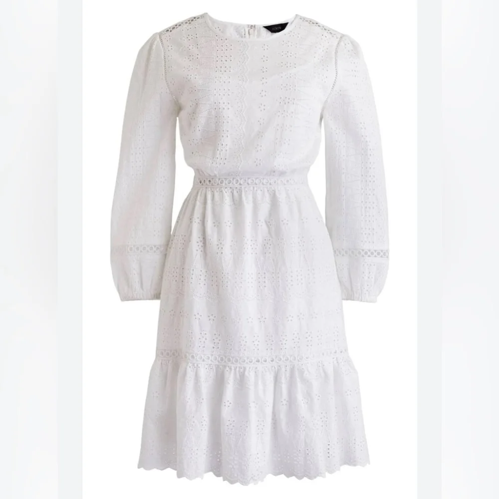 New J. Crew White Eyelet Cutout Long Sleeve Lined Dress 2 petite